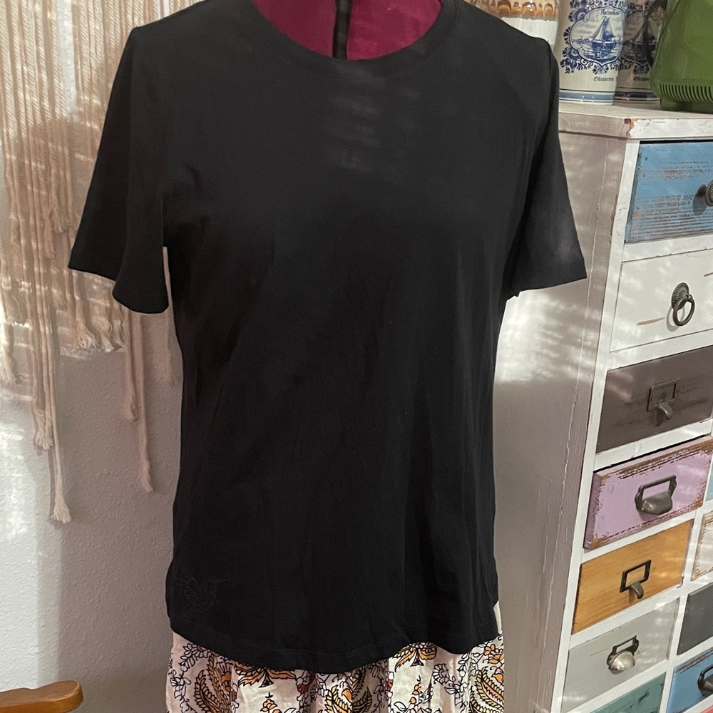 Johnny Was Black Short-Sleeve Crewneck Tee Shirt with hummingbird detail